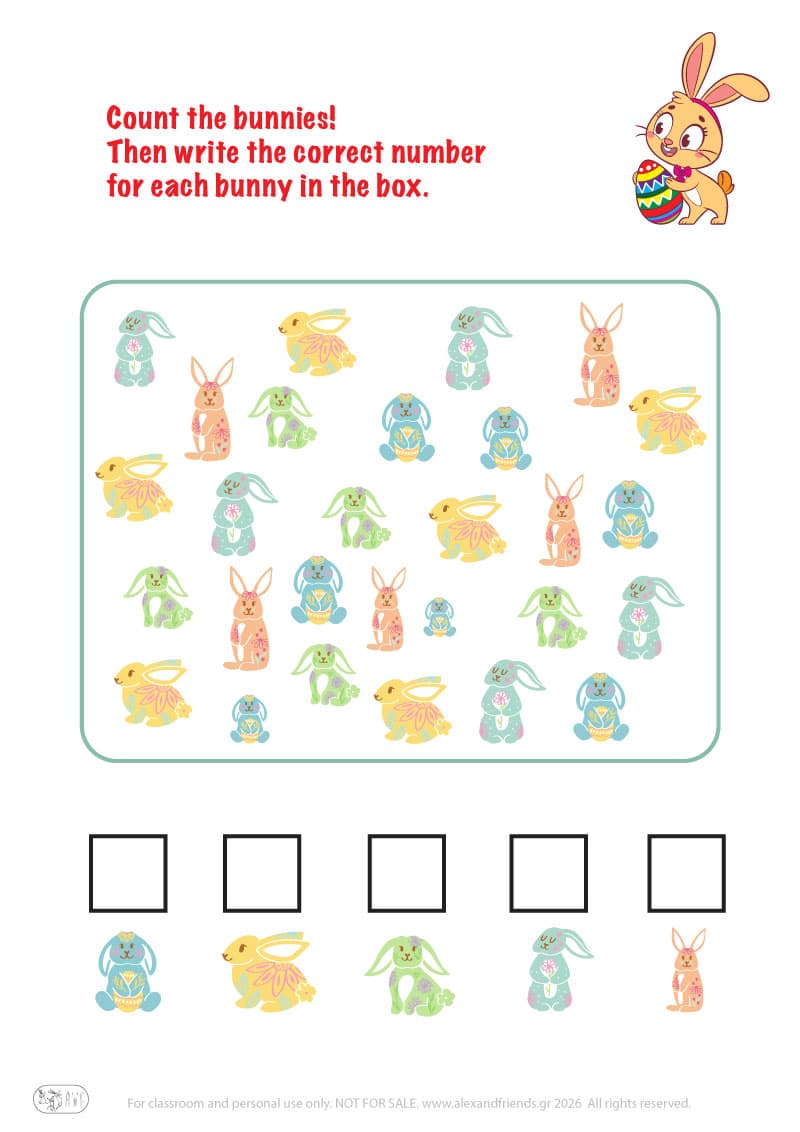 Count the bunnies. Printable Easter preschool worksheet 