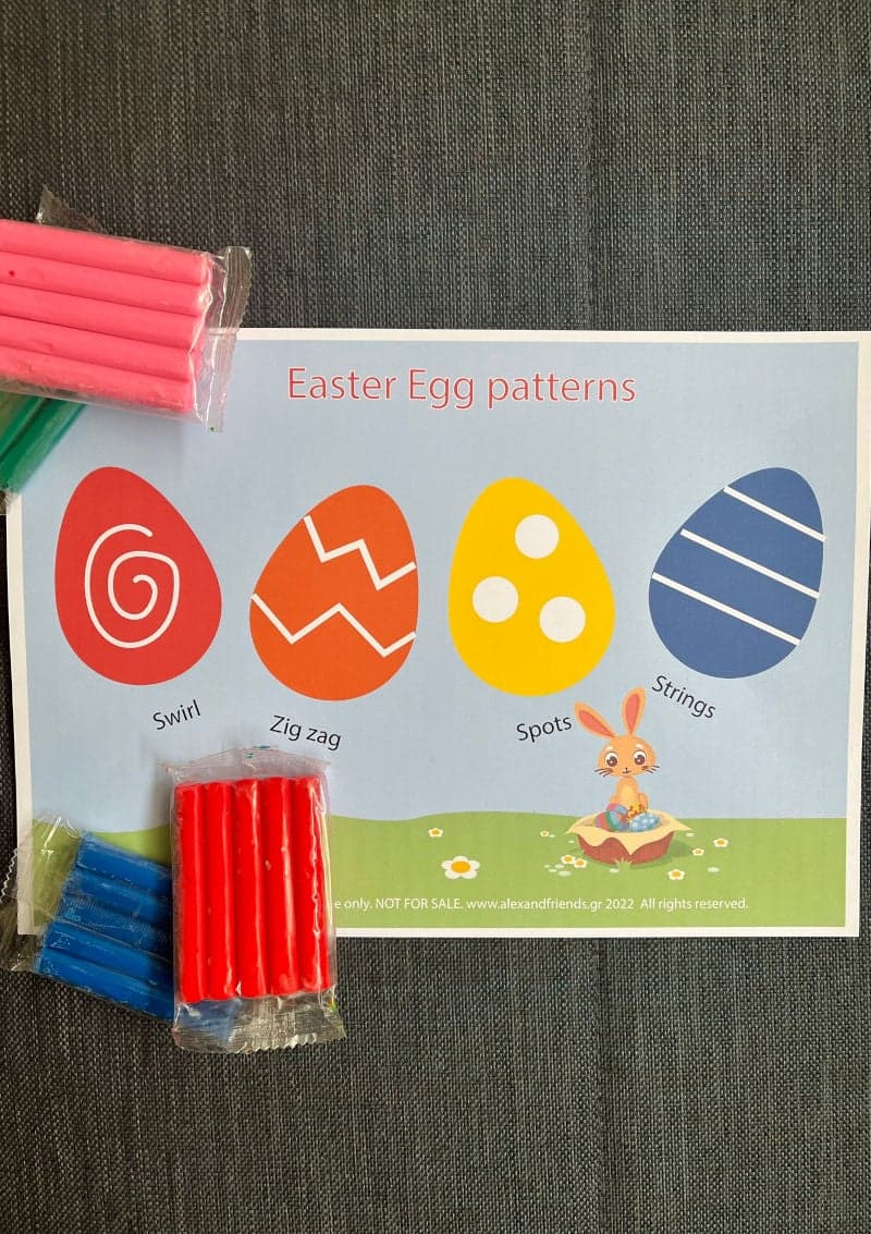 Easter game for kids with plasticine with free printable material. Fine motor skills.