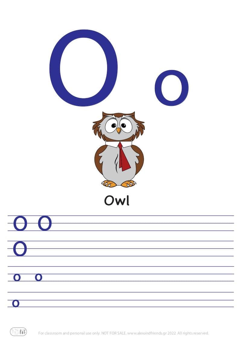 English alphabet. Free printable writing exercise for the letter O o and an owl