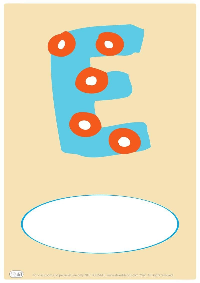 Free printable cover for kids' personal booklet with latin letter E.