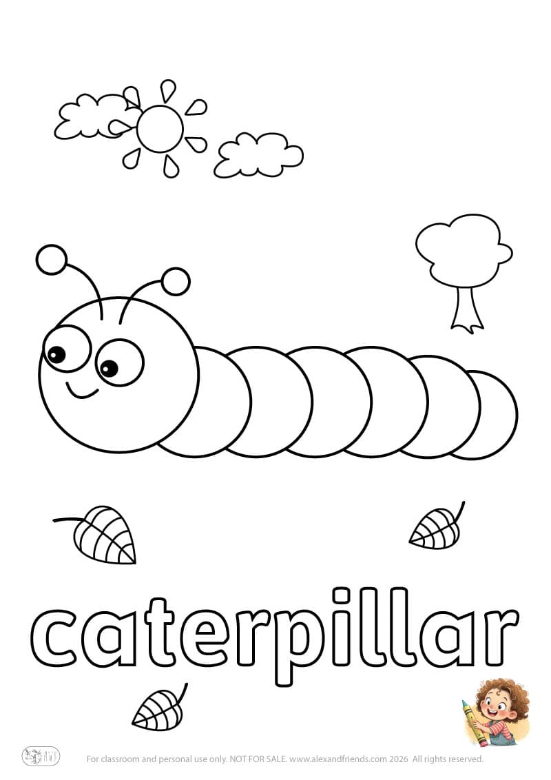 Letter c - caterpillar. Printable English alphabet coloring pages for children learning letters