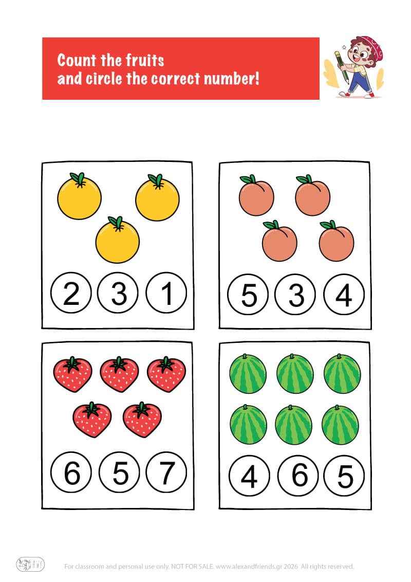 Count the fruits. Printable worksheets and activities that help kids practice number recognition and early math skills.