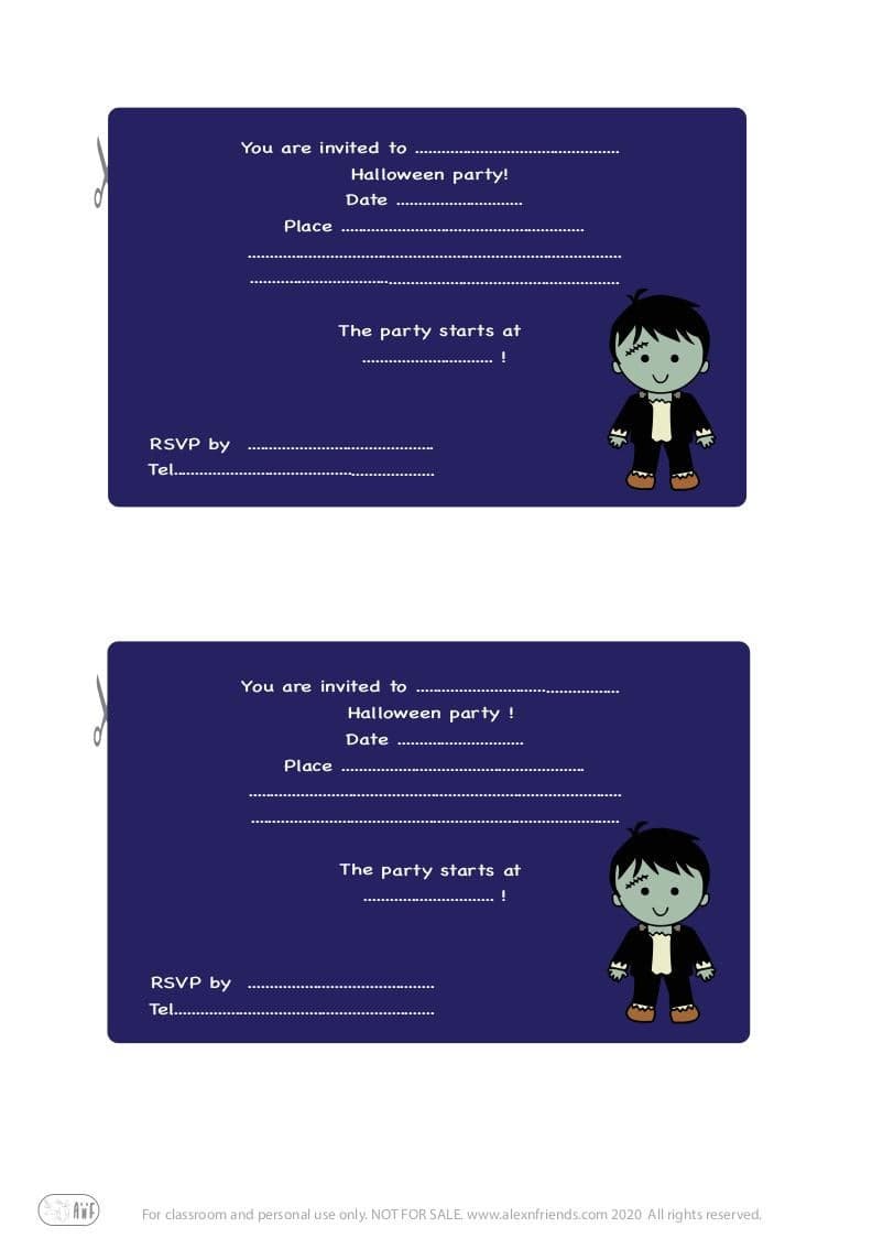 Halloween. Free printable invitation in english for kids party. Happy little boy disguised as dead.