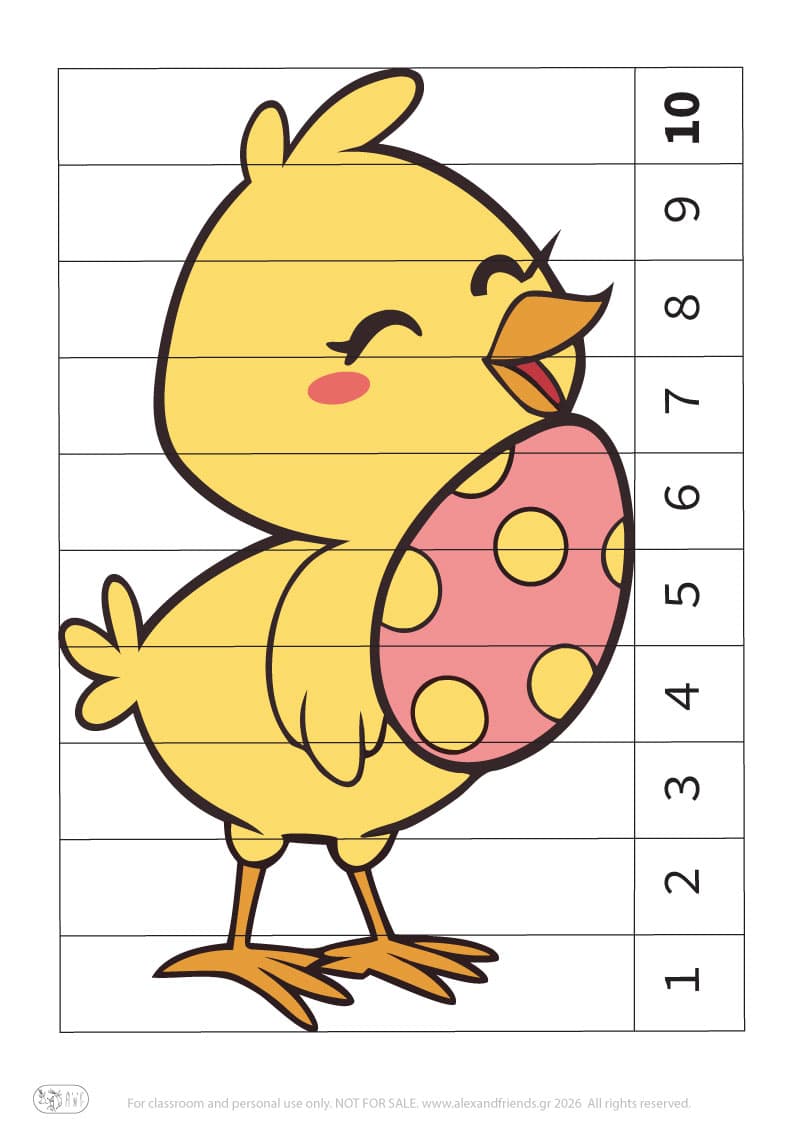 Easter chick - numbers 1-10. Colorful Easter number puzzle printable for preschool children learning numbers
