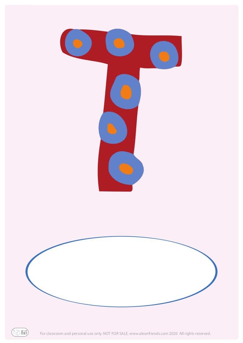 Free printable cover for kids' personal booklet with latin letter T.