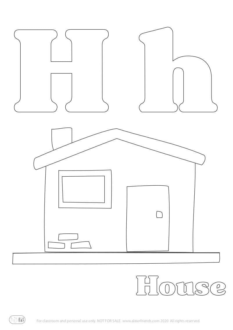 Learning english alphabet for kids. Free printable coloring page with letter H h and a house