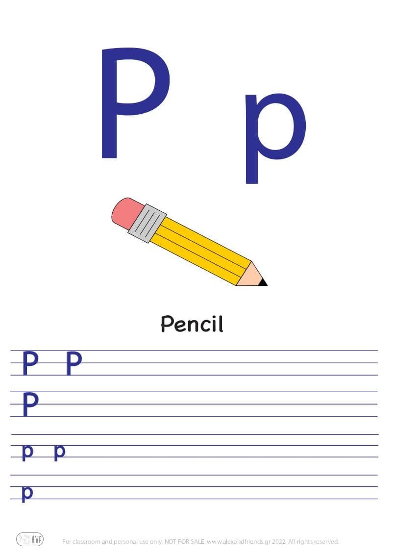 English alphabet. Free printable writing exercise for the letter P p and a pencil.