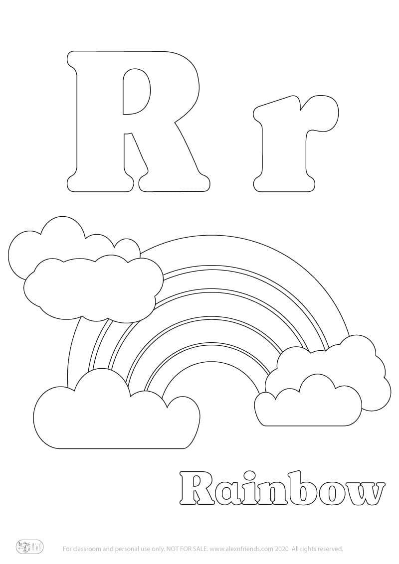 Learning english alphabet for kids. Free printable coloring page with letter R r and a rainbow