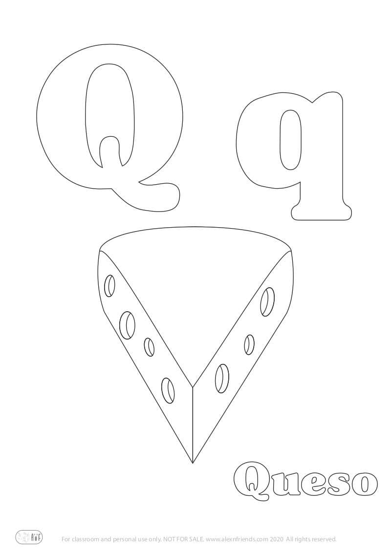 Εκμάθηση της Iσπανικής αλφάβητου για παιδιά. Δωρεάν εκτυπώσιμο φύλλο ζωγραφικής με το γράμμα Q q και τυρί