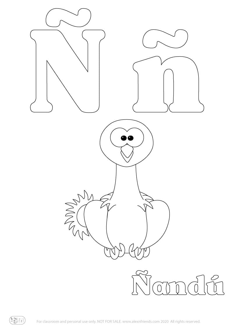 Εκμάθηση της Iσπανικής αλφάβητου για παιδιά. Δωρεάν εκτυπώσιμο φύλλο ζωγραφικής με το γράμμα Ñ ñ και πουλί ρέα