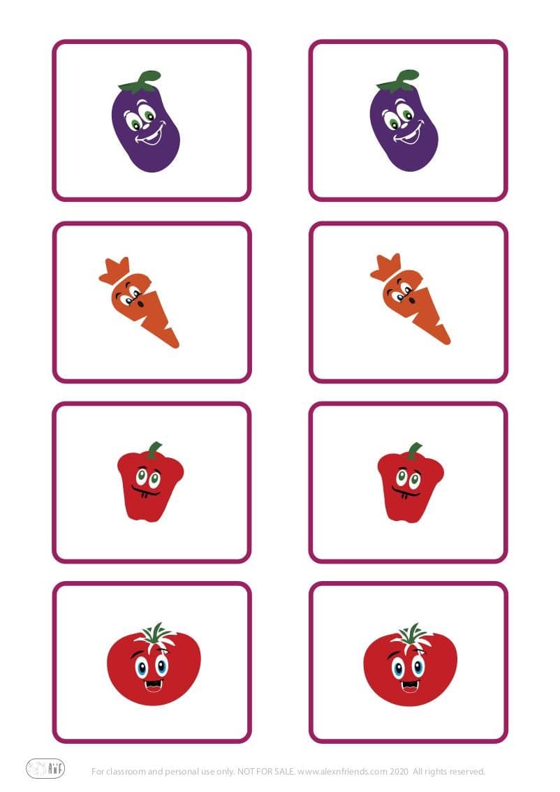 Educational play for toddlers. Memory based matching game of cards with vegetables.