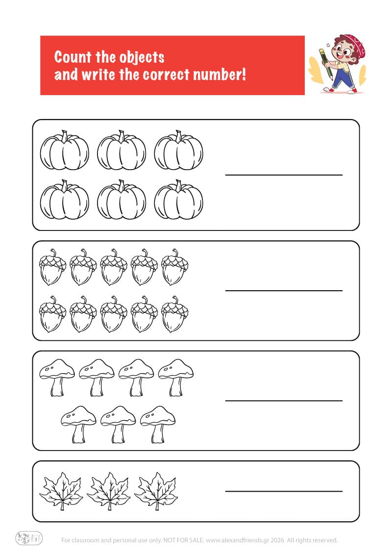 Count the objects. Printable worksheets and activities that help kids practice number recognition and early math skills.