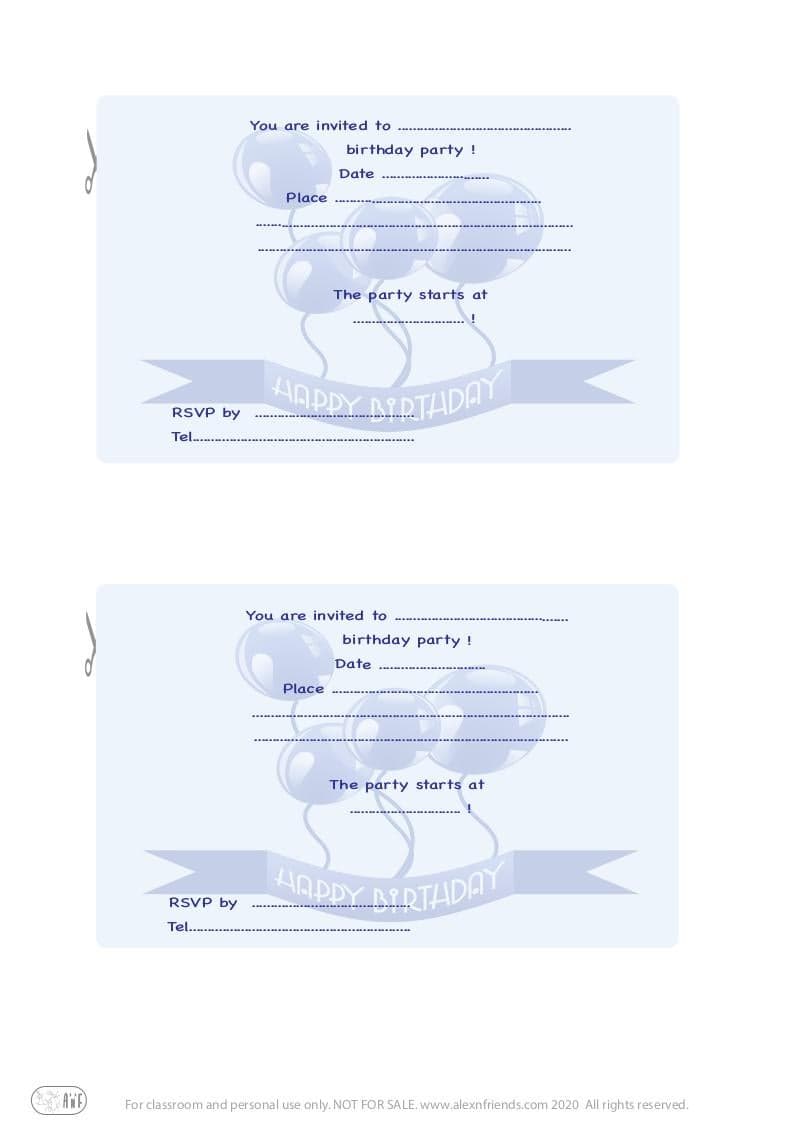 Free printable kid's birthday invitation in english with blue balloons in blue background.