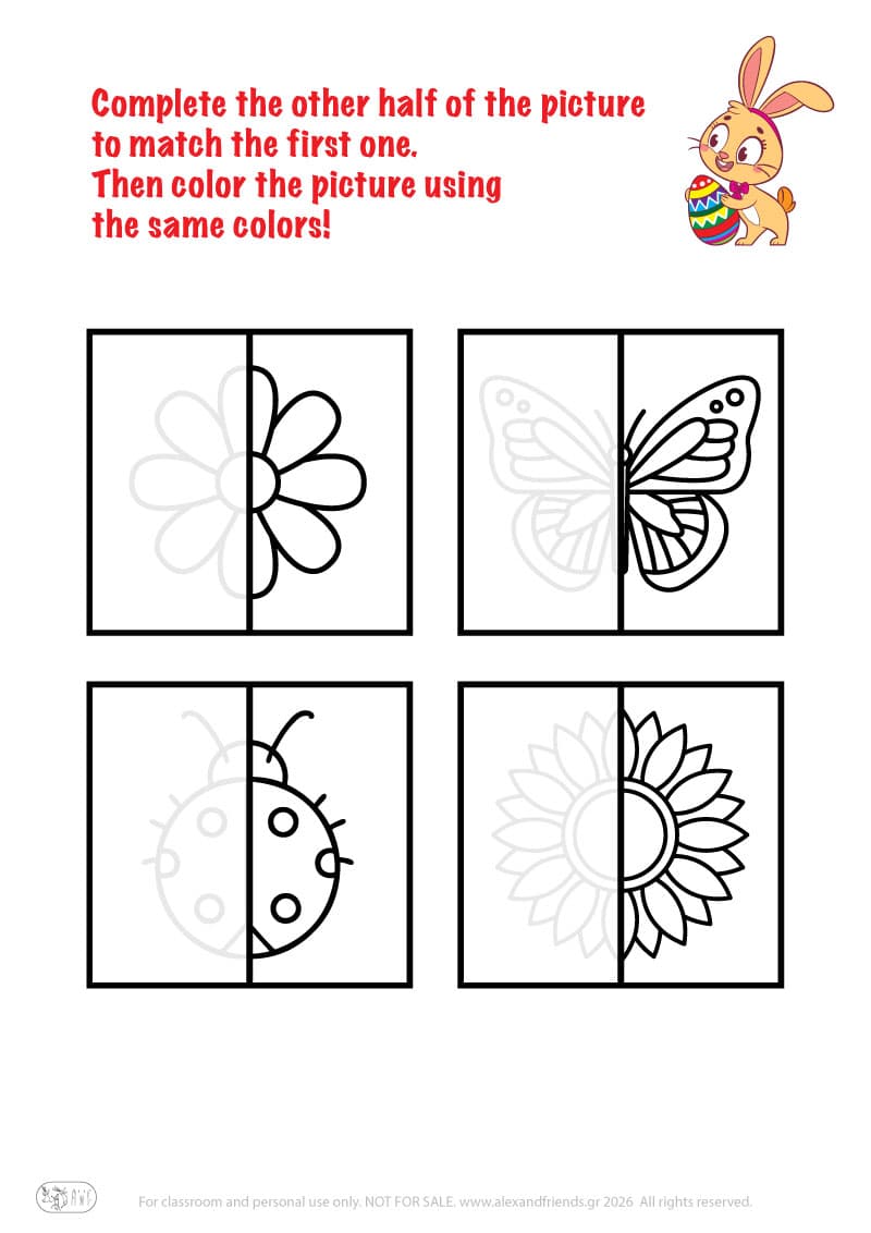 Complete the other half. Printable Easter preschool worksheet 