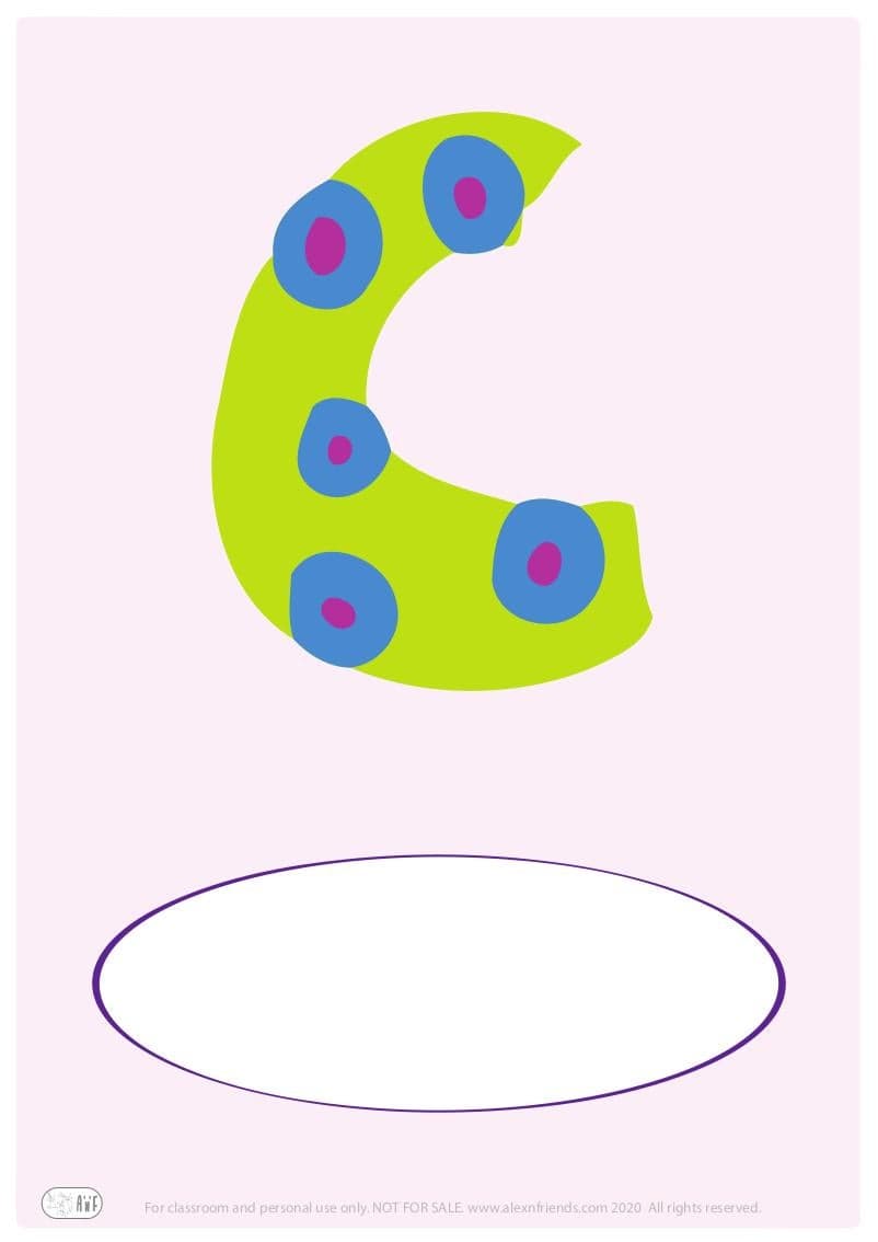 Free printable cover for kids' personal booklet with latin letter C.