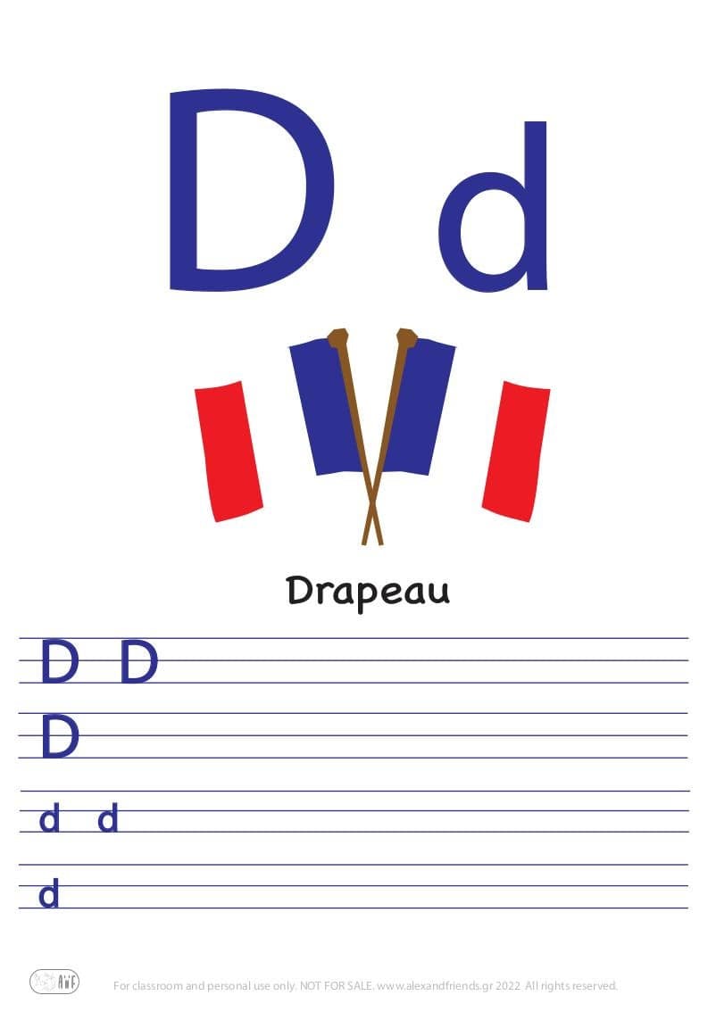 French alphabet. Free printable writing exercise for the letter D d and a flag.