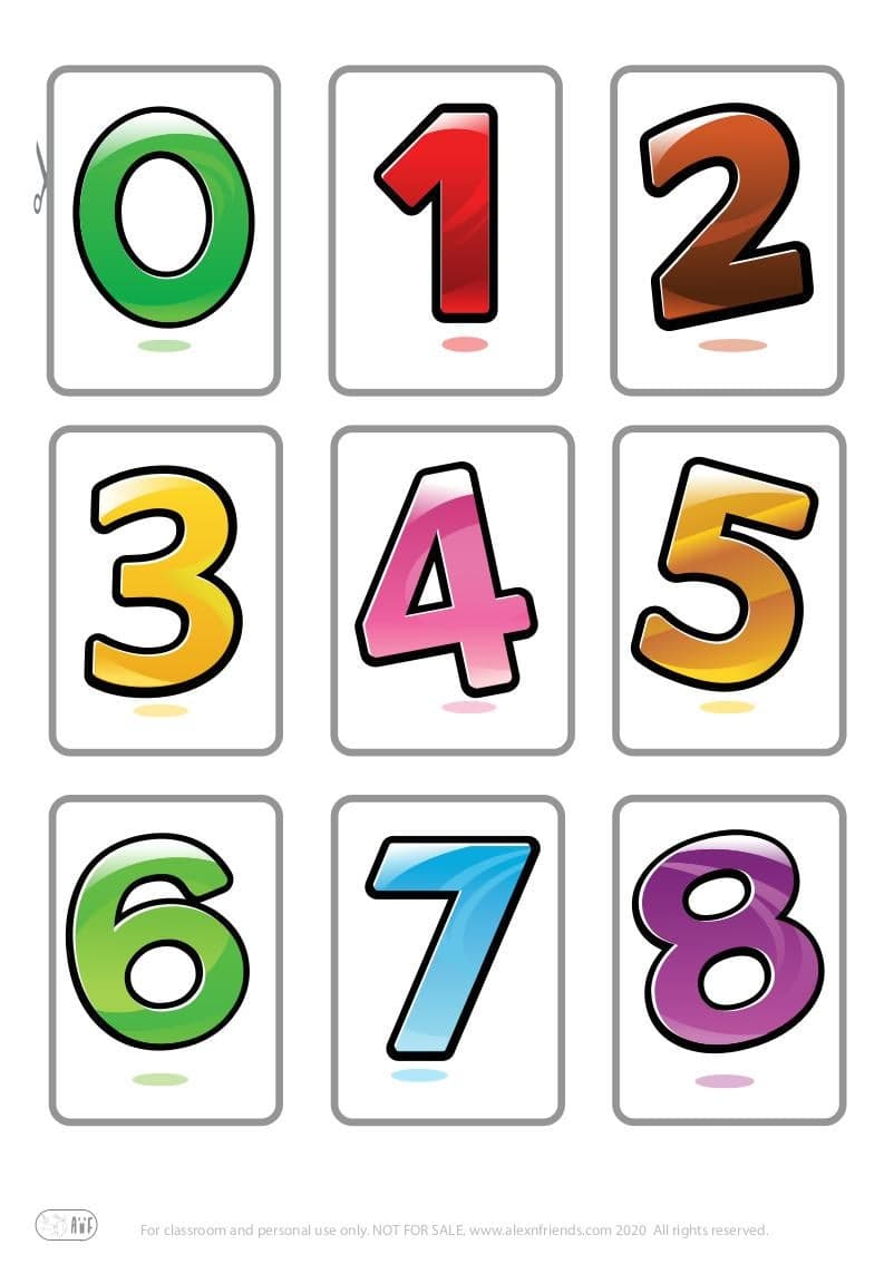Learning numbers. Free printable flash cards for kids with numbers 0, 1, 2, 3, 4, 5, 6, 7, 8.