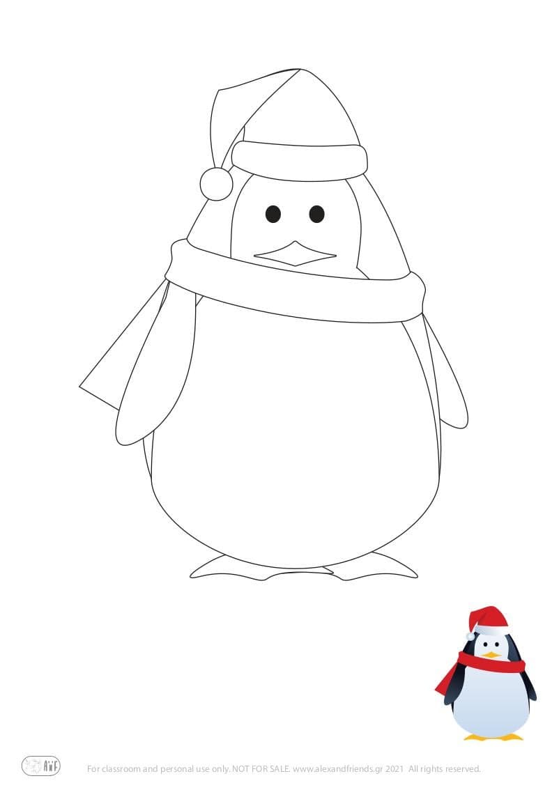 Free printable holiday coloring page for kids. Christmas and New Year. Penguin with red hat.