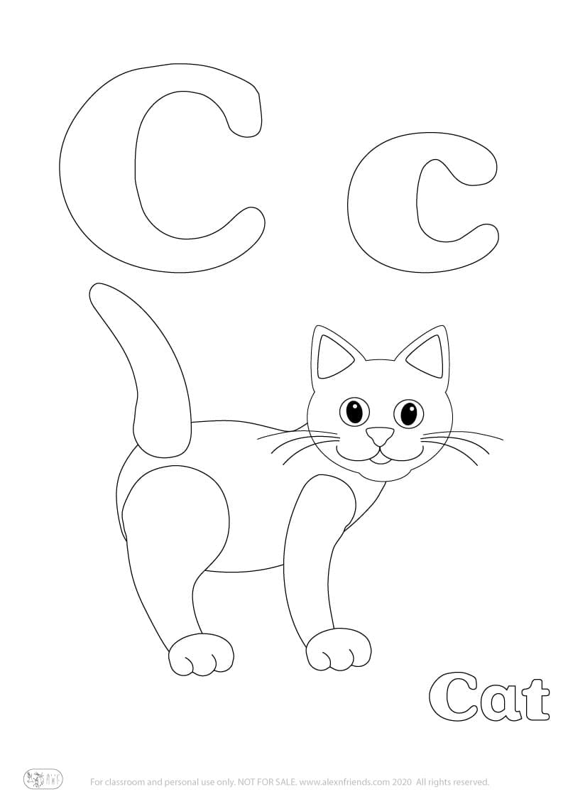 Learning english alphabet for kids. Free printable coloring page with letter C c and a cat