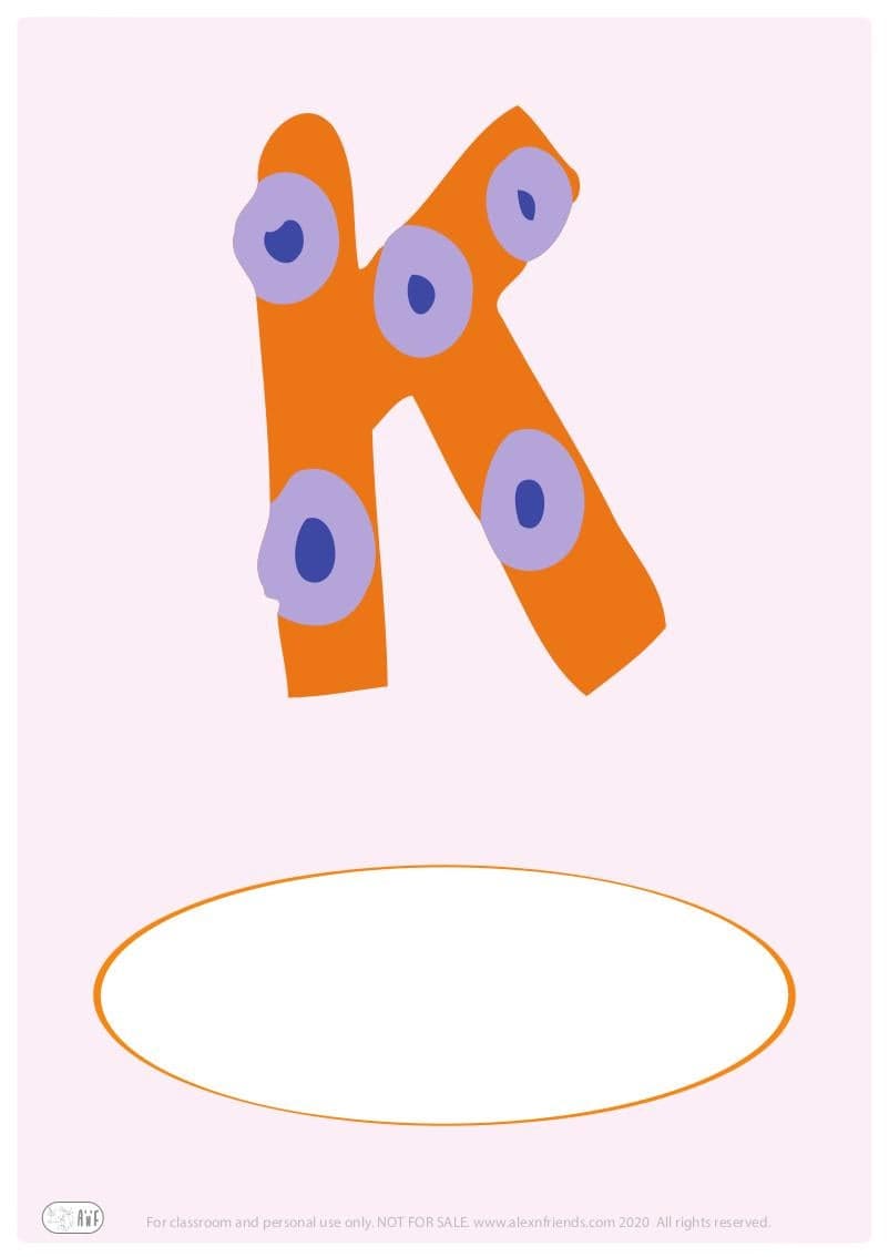 Free printable cover for kids' personal booklet with latin letter K.