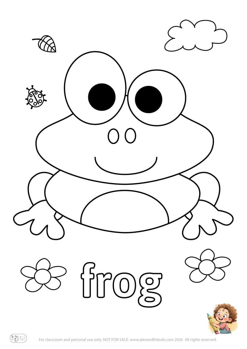 Letter f - frog. Printable English alphabet coloring pages for children learning letters