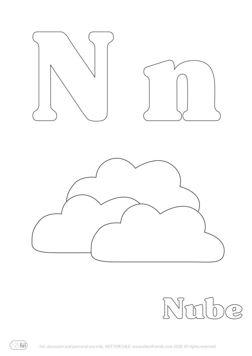 Εκμάθηση της Iσπανικής αλφάβητου για παιδιά. Δωρεάν εκτυπώσιμο φύλλο ζωγραφικής με το γράμμα N n και σύννεφο