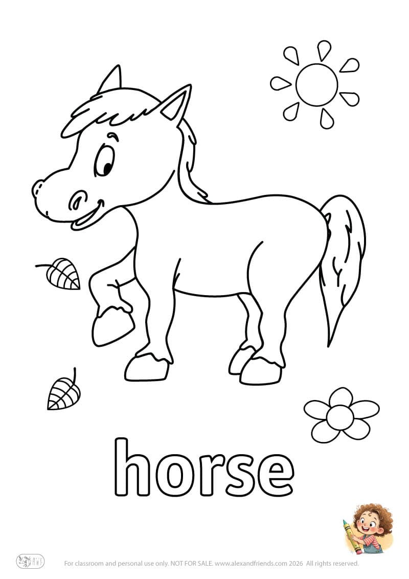 Letter h - horse. Printable English alphabet coloring pages for children learning letters