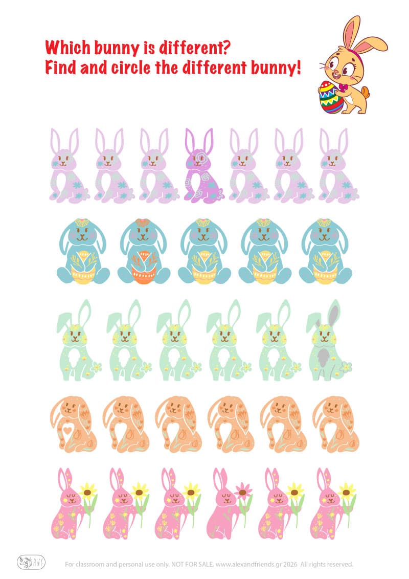 Find the different. Printable Easter preschool worksheet 