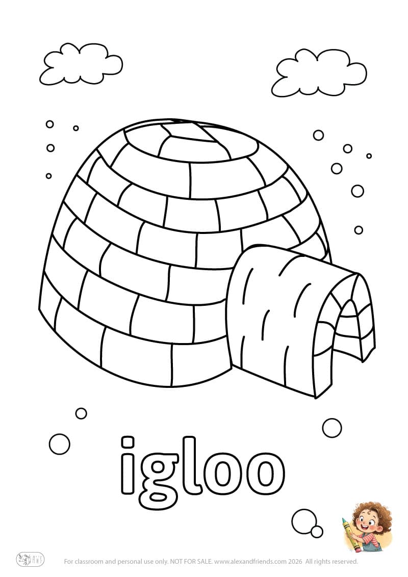 Letter i - igloo. Printable English alphabet coloring pages for children learning letters