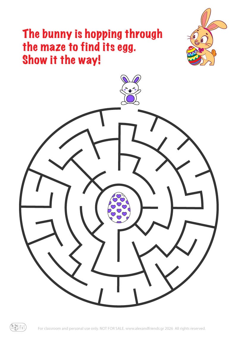 Bunny and Easter egg. Easter maze worksheets for kids 