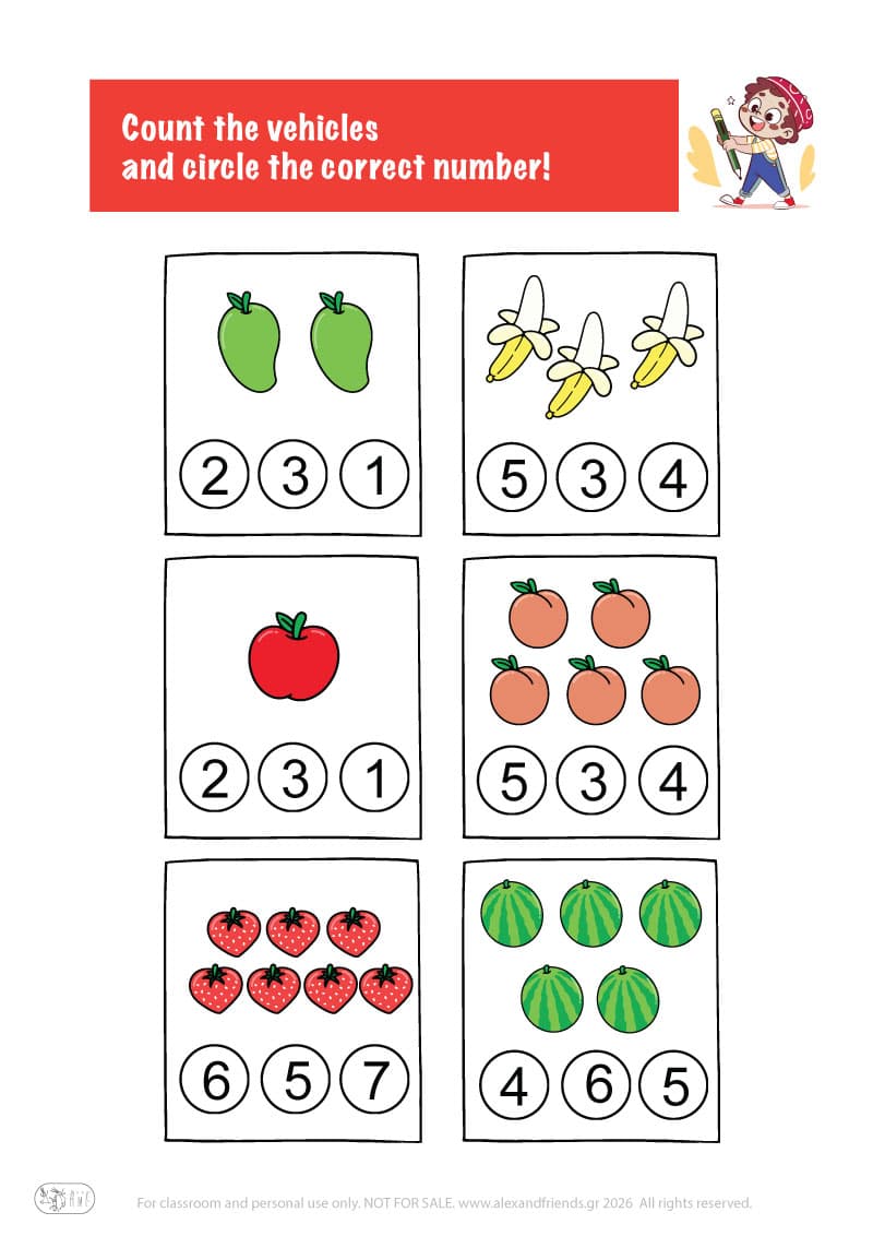 Count the fruits. Printable worksheets and activities that help kids practice number recognition and early math skills.