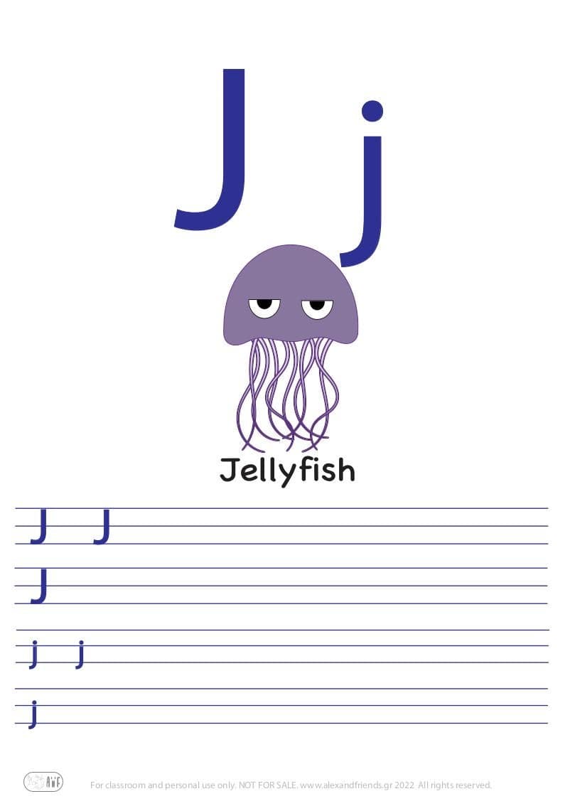 English alphabet. Free printable writing exercise for the letter J j and a jellyfish.