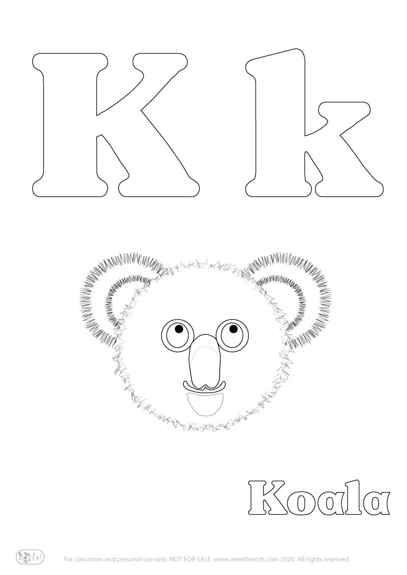 Εκμάθηση της Iσπανικής αλφάβητου για παιδιά. Δωρεάν εκτυπώσιμο φύλλο ζωγραφικής με το γράμμα K k και κοάλα