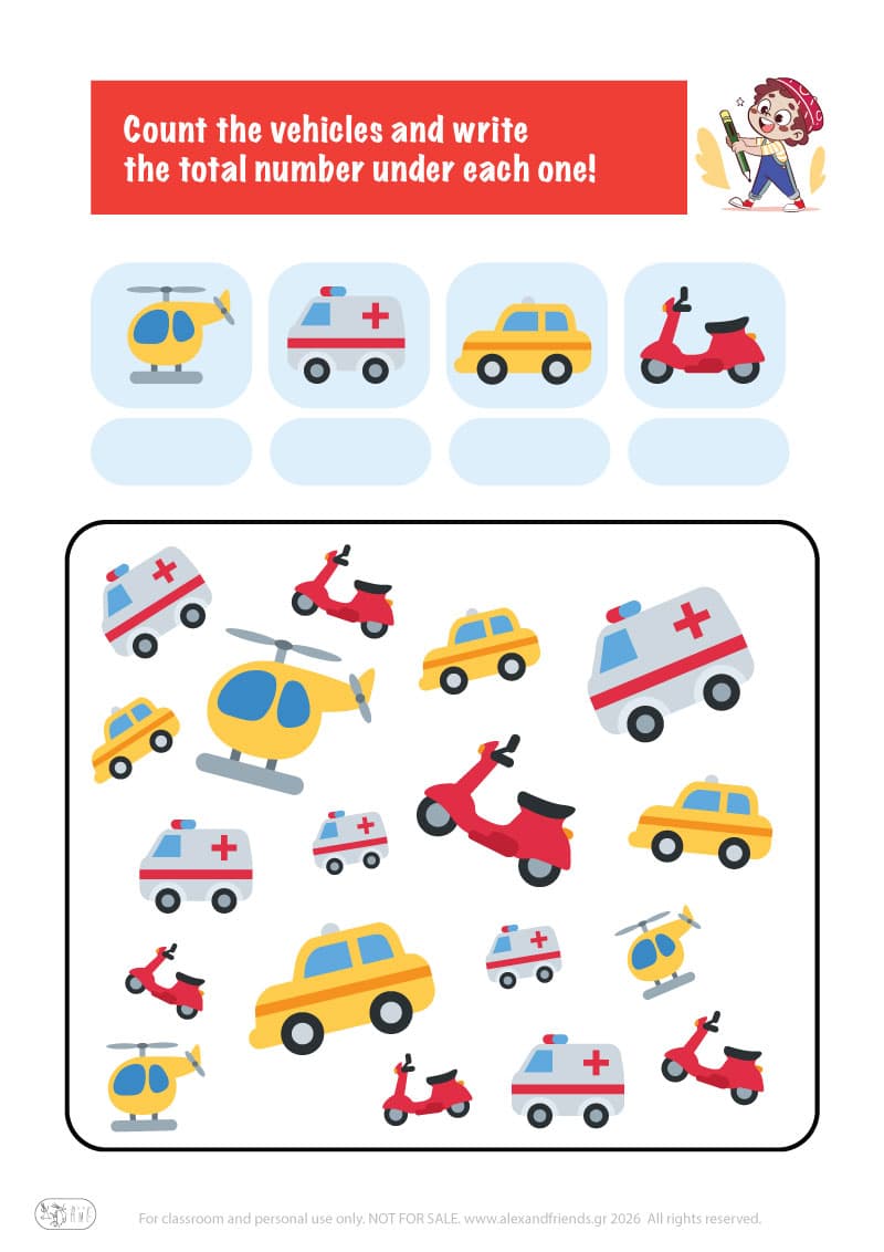 Count the vehicles. Printable worksheets and activities that help kids practice number recognition and early math skills.