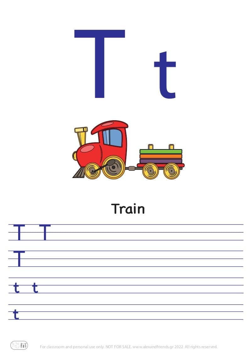 English alphabet. Free printable writing exercise for the letter T t and a train.
