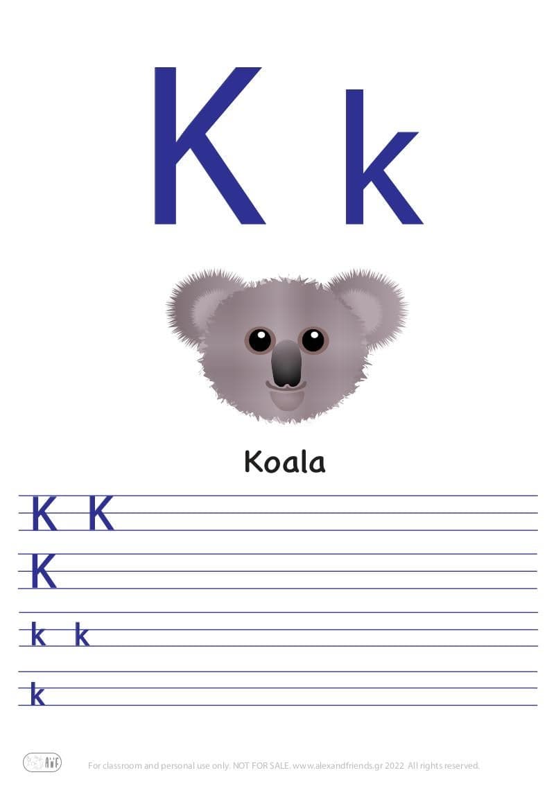 French alphabet. Free printable writing exercise for the letter K k and a koala.