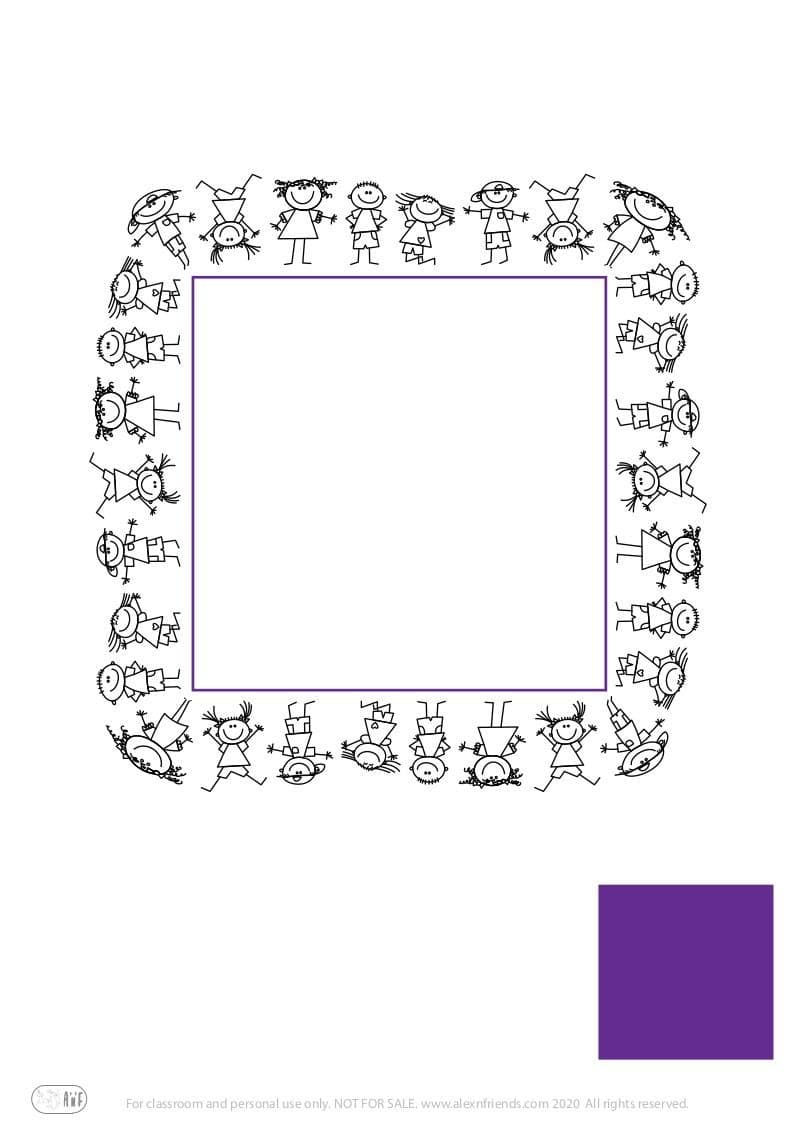 Free coloring page for kids. Learning shapes and colors. Purple square with happy kids.