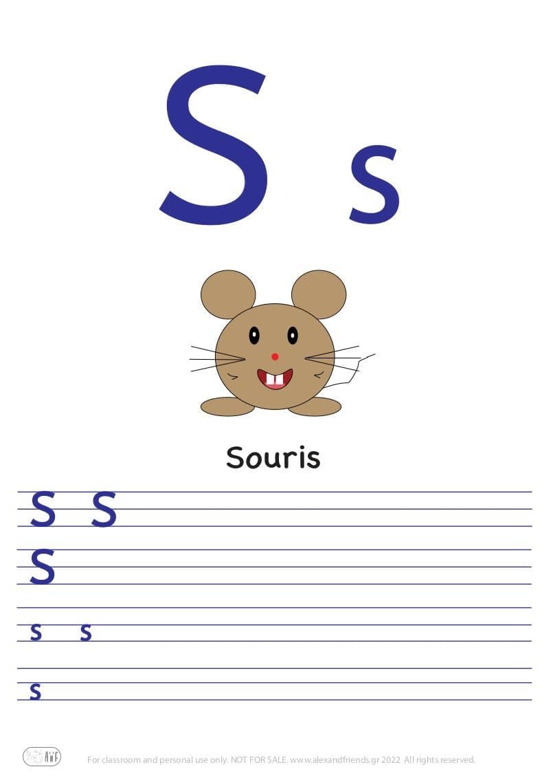 French alphabet. Free printable writing exercise for the letter S s and a mouse.