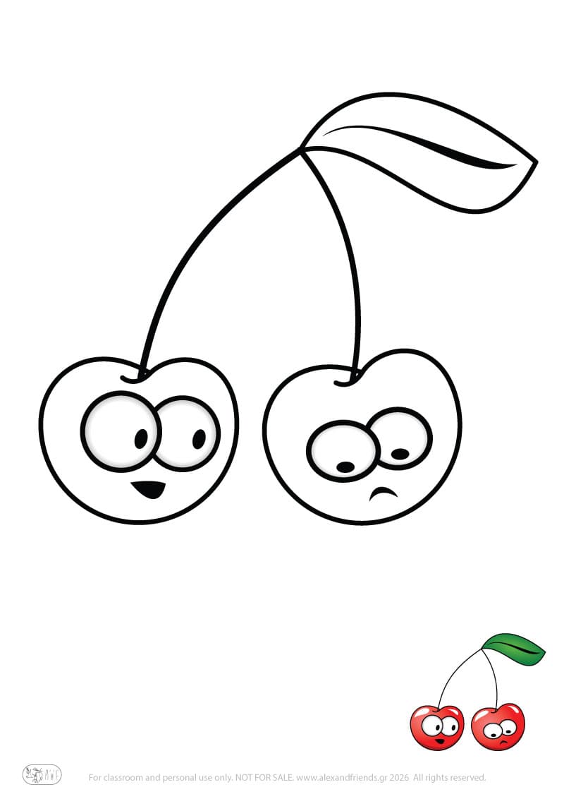 Learning activity for kids. Free printable coloring page of a cherries