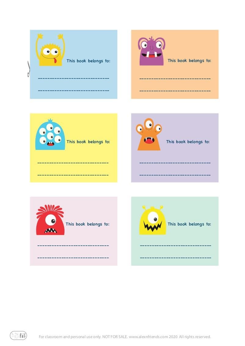 Free printable cute stickers for kids with little monsters in english. This book belongs to: