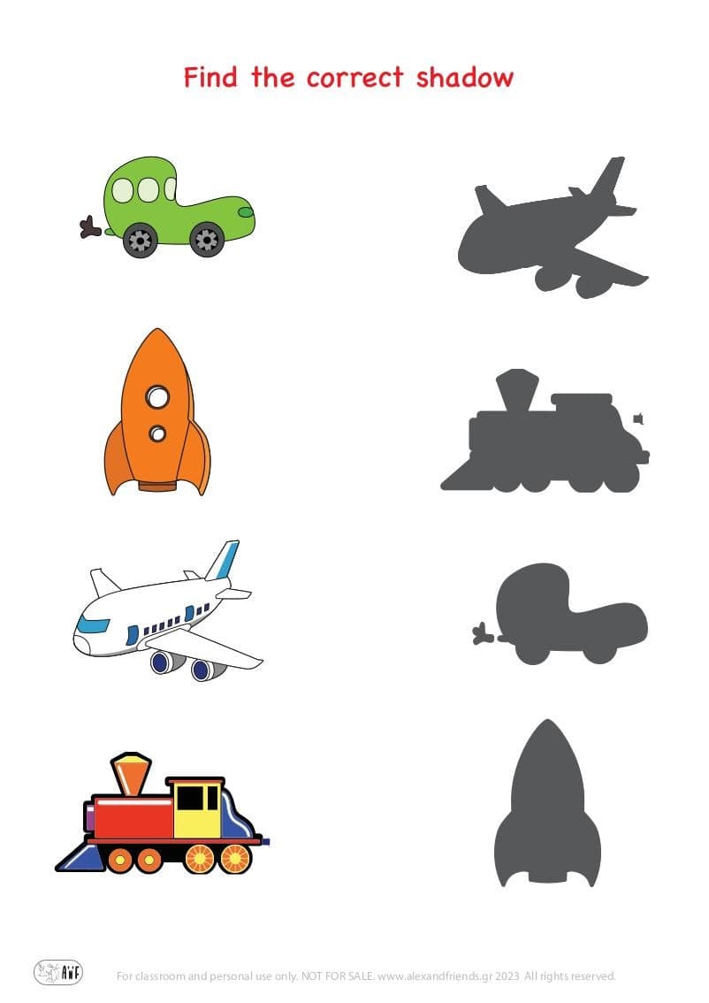 Matching exercise for kids. Educational material. Free printable. Train, car, rocket, aeroplane. Shadows. 