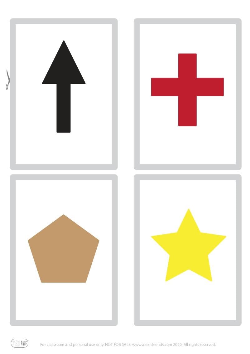 Free printable flash cards for kids. Learning colors black, red, brown, yellow and shapes cross, arrow, pentagon, star.