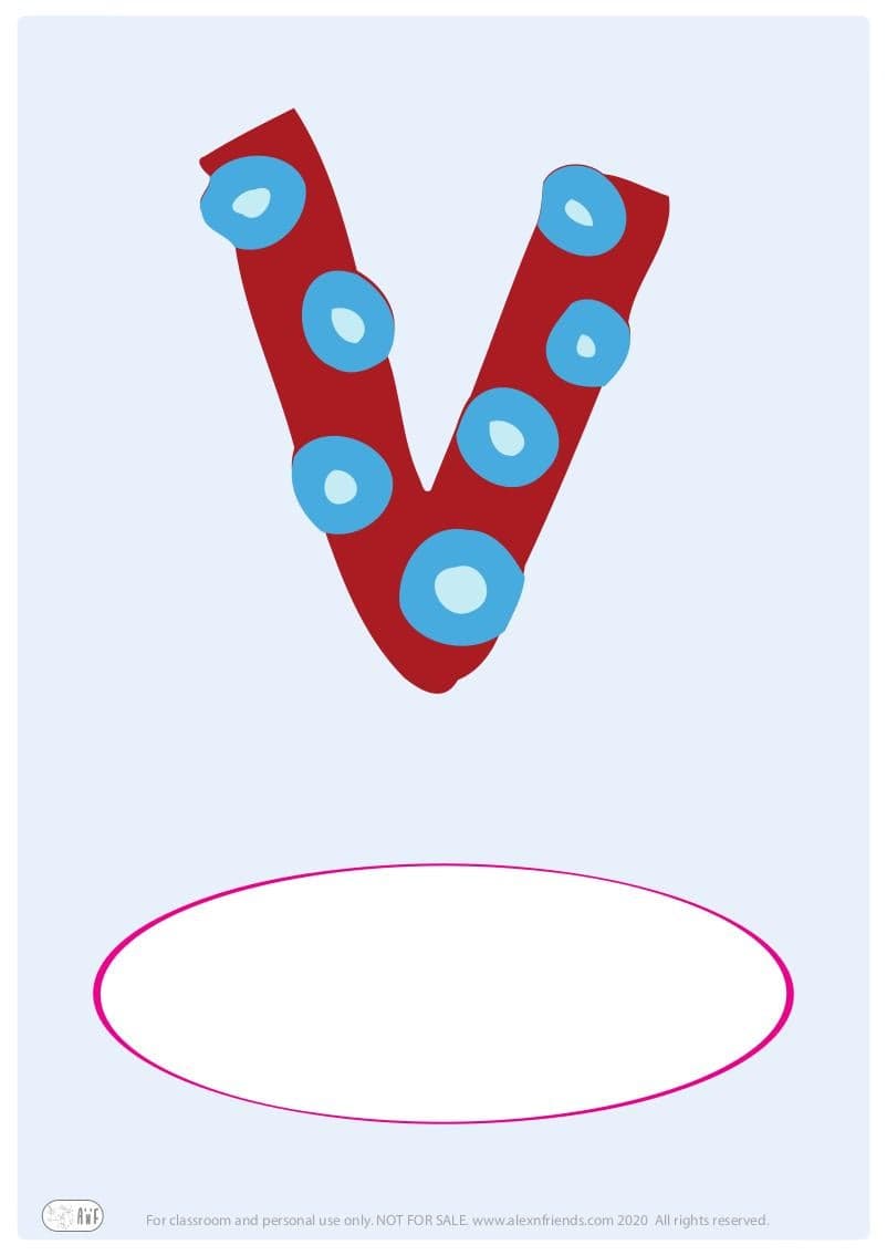 Free printable cover for kids' personal booklet with latin letter V.