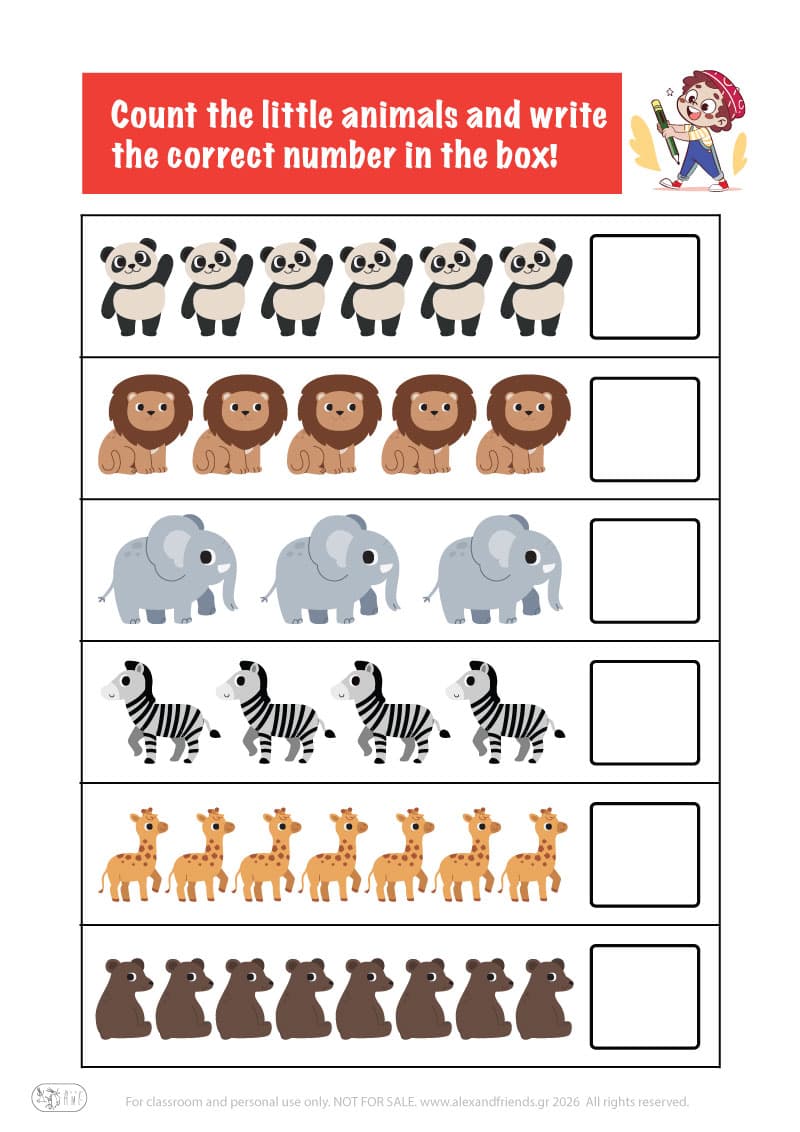 Count the animals. Printable worksheets and activities that help kids practice number recognition and early math skills.