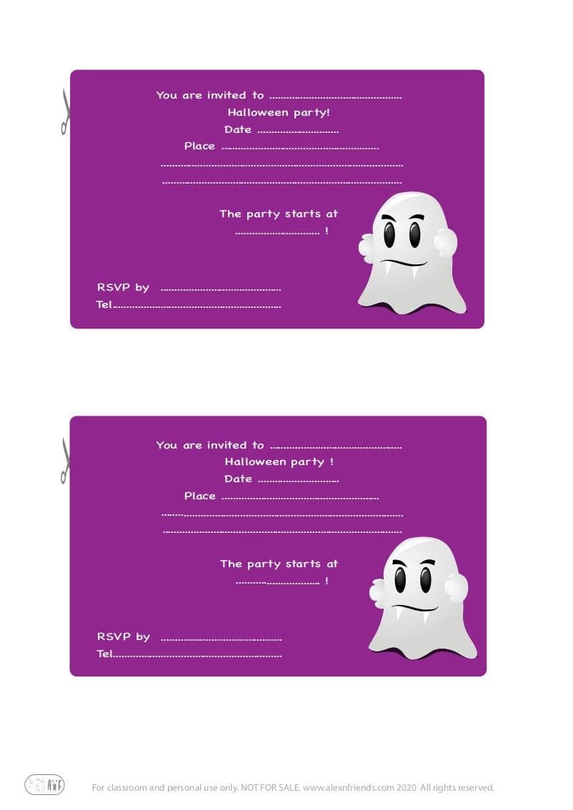 Halloween. Free printable invitation in english for kids party. Ghost.