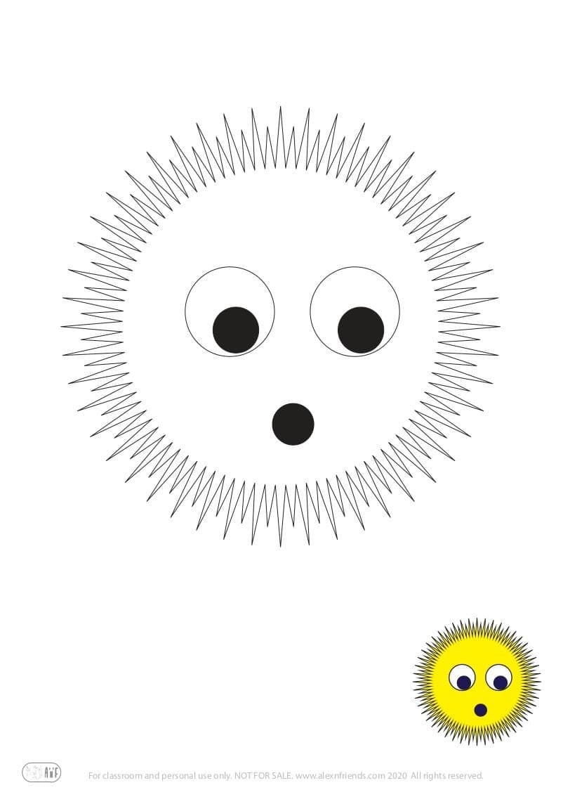 Free coloring page for kids. Learning shapes and colors. Yellow sun.