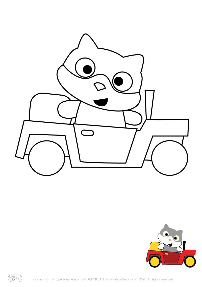 Learning activity for kids. Free printable coloring page of a cat and car