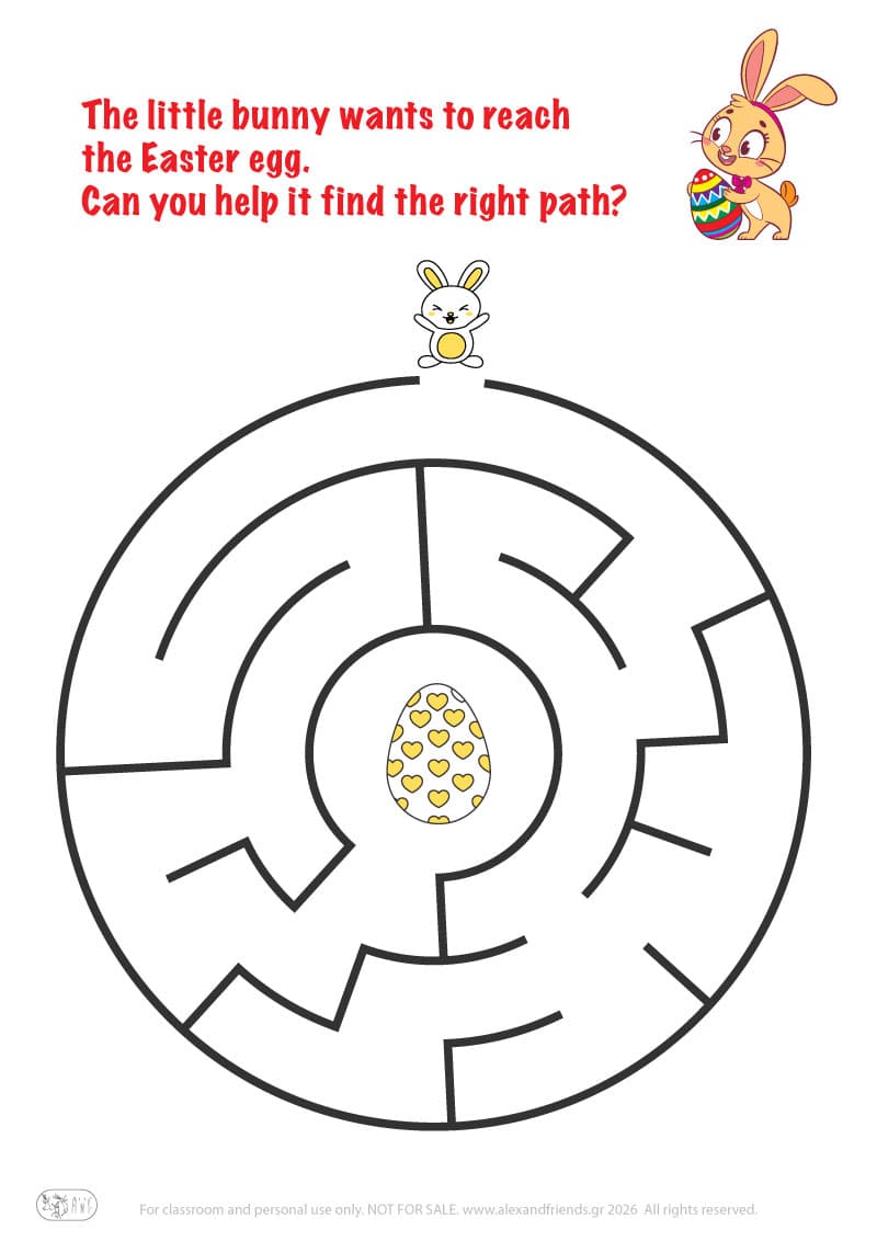 Bunny and Easter egg. Easter maze worksheets for kids 