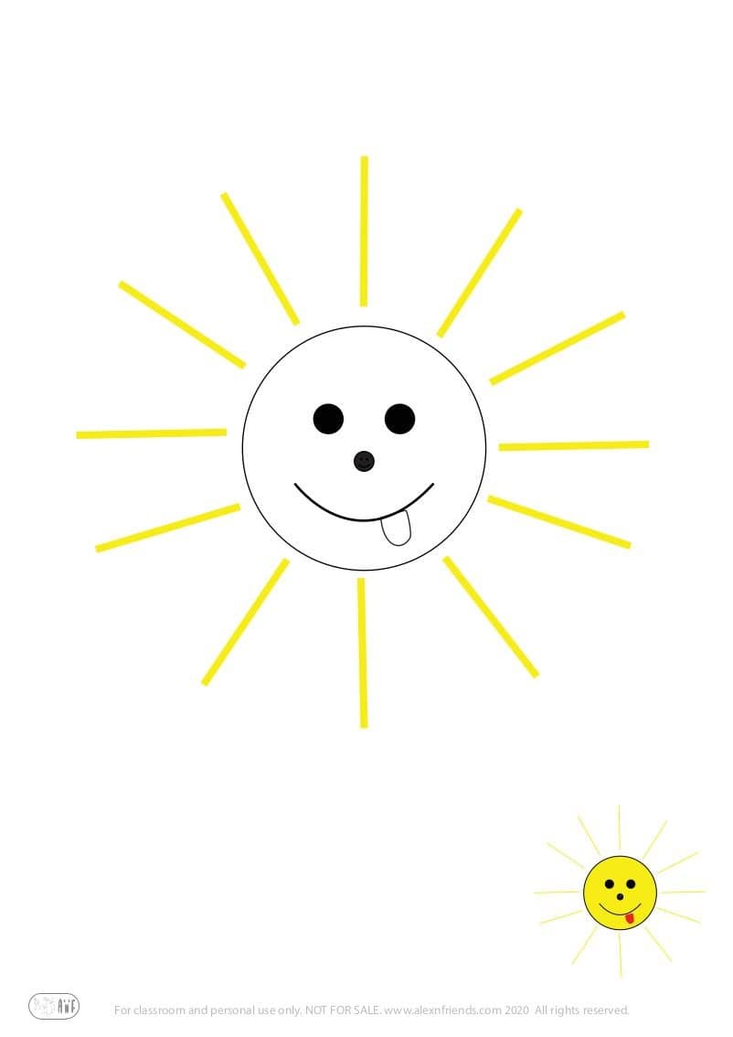 Free coloring page for kids. Learning shapes and colors. Yellow circle, happy sun.