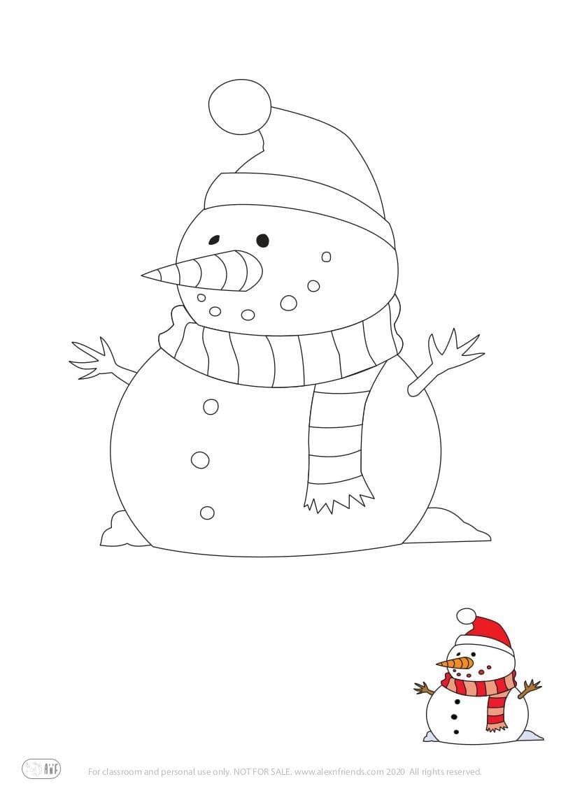 Free printable holiday coloring page for kids. Christmas and New Year. Snowman.